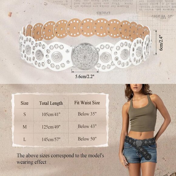 Women Vintage Disc Waist Concho Leather Belt Boho Waist Belt White Silver Buckle - Picture 5 of 7